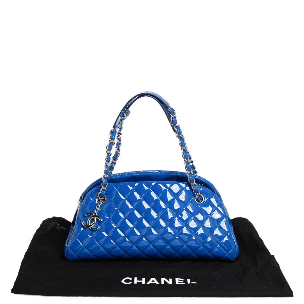 Chanel Blue Quilted Patent Medium Just Mademoiselle Bowling Bag 9
