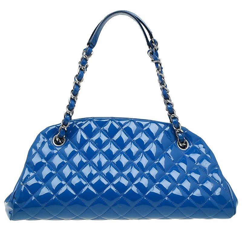 Chanel Blue Quilted Patent Medium Just Mademoiselle Bowling Bag In Good Condition In Dubai, Al Qouz 2