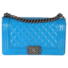 Chanel Blue Quilted Patent Old Medium Boy Bag