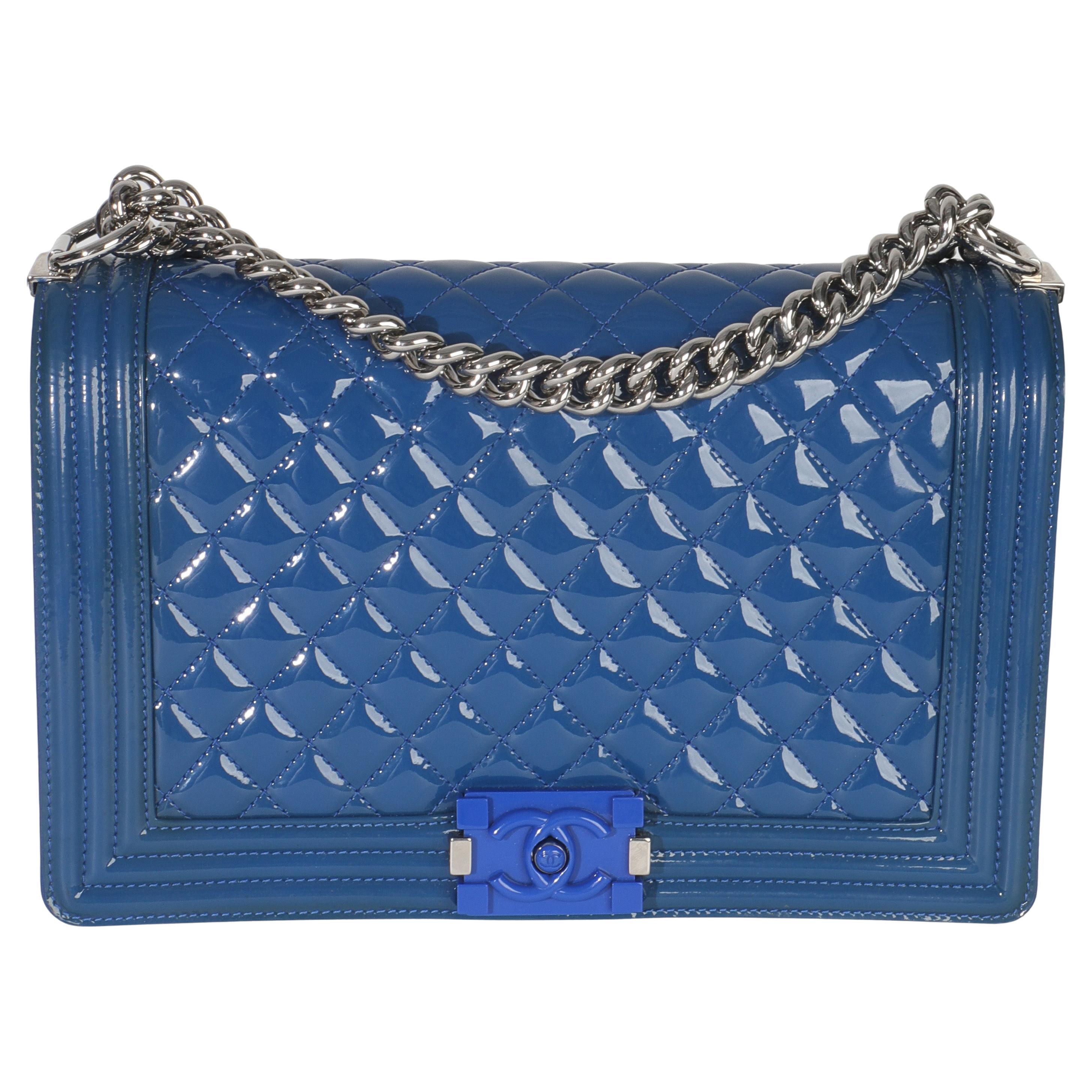 Chanel Blue Quilted Patent Plexiglass New Medium Boy Bag For Sale