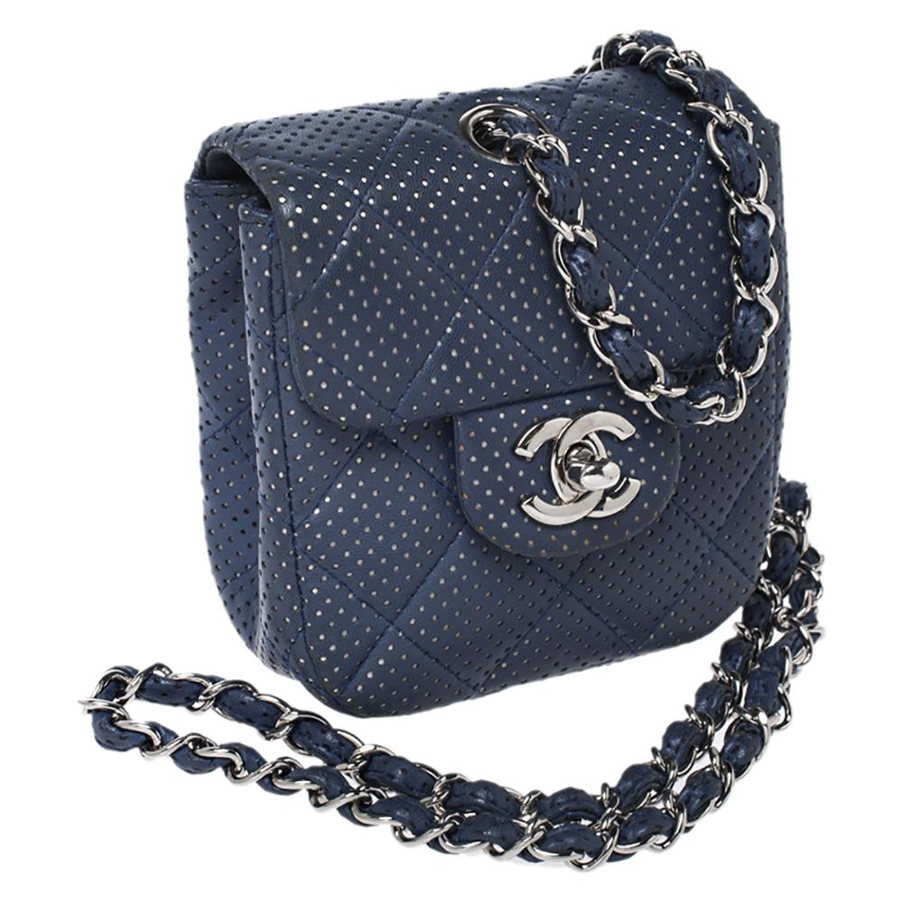 Chanel Blue Quilted Perforated Leather Mini Crossbody Bag In Good Condition In Dubai, Al Qouz 2