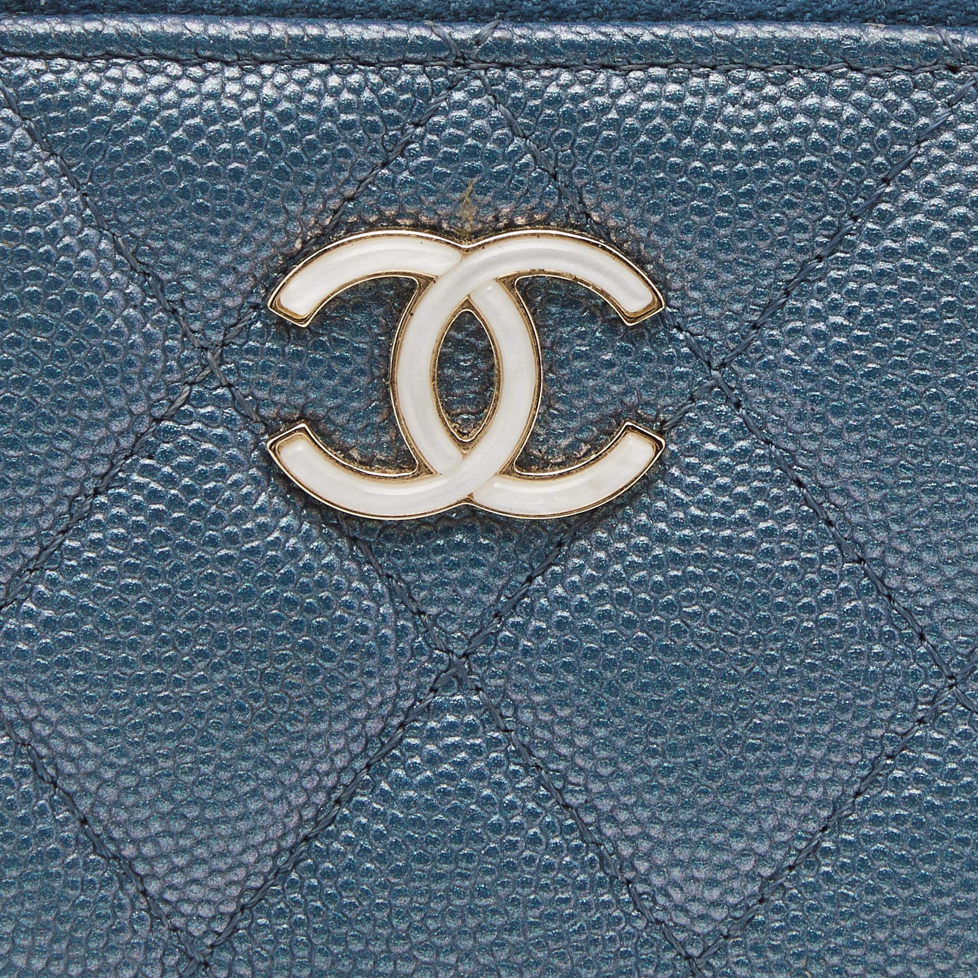 Chanel Blue Quilted Shimmer Caviar Leather Classic Zipped Coin Purse For Sale 1