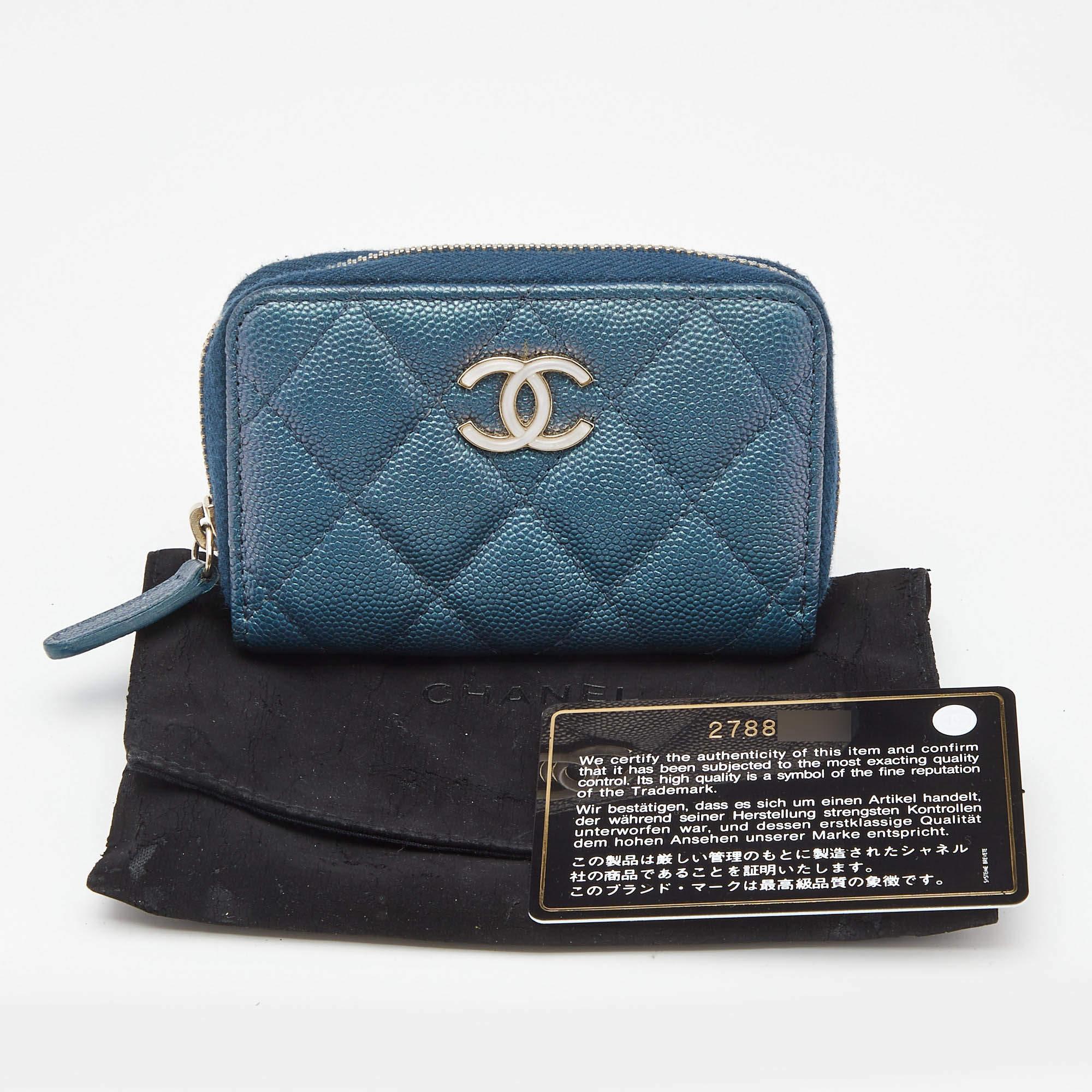 Chanel Blue Quilted Shimmer Caviar Leather Classic Zipped Coin Purse For Sale 2