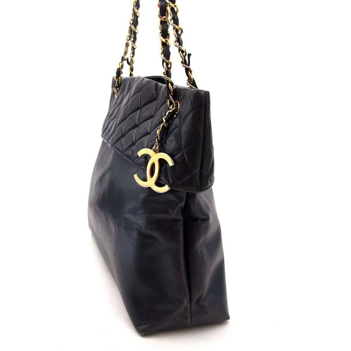 Black Chanel Blue Quilted Shopper Tote 