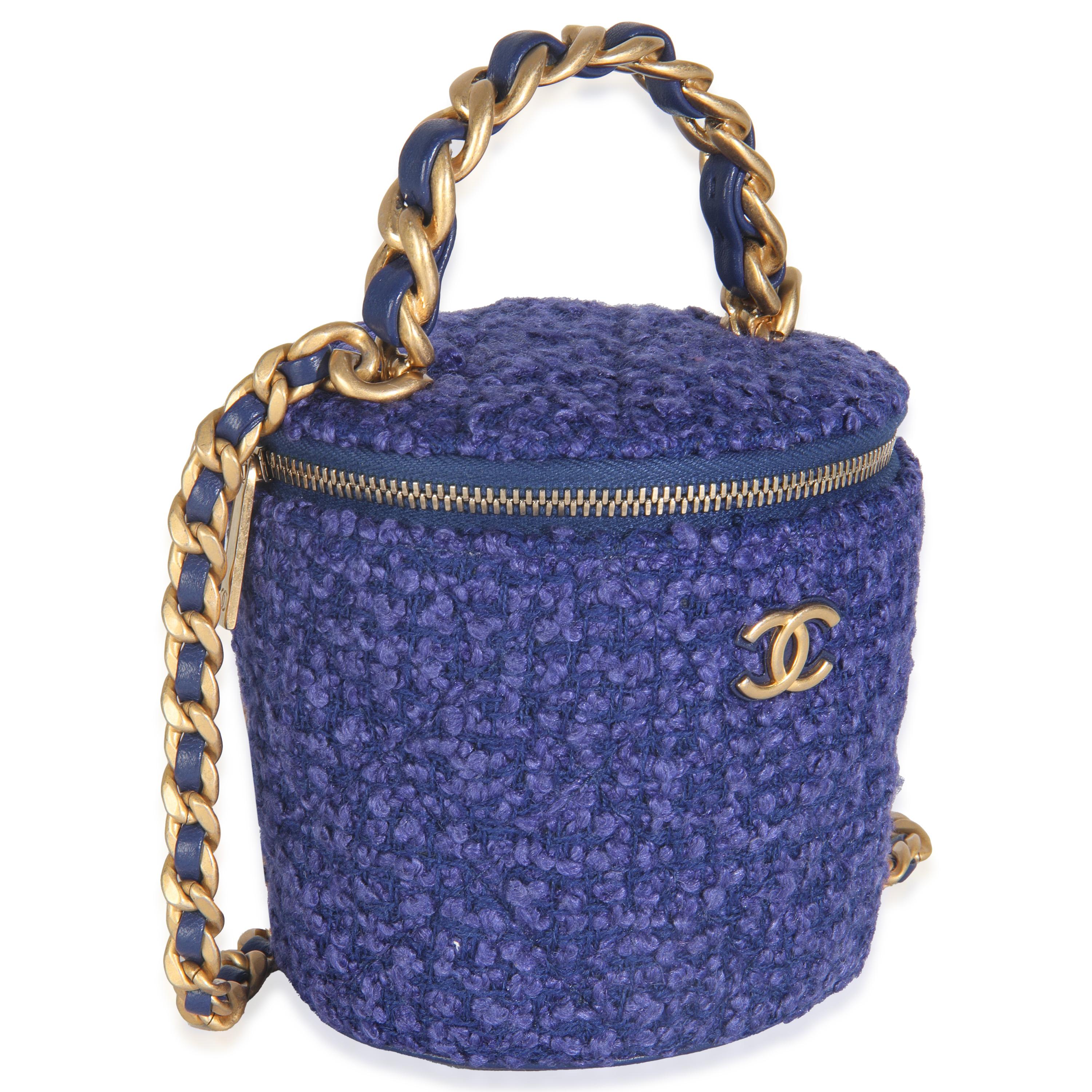 Bleu Chanel Blue Quilted Tweed Afternoon Tea Top Handle Vanity Case With Chain en vente