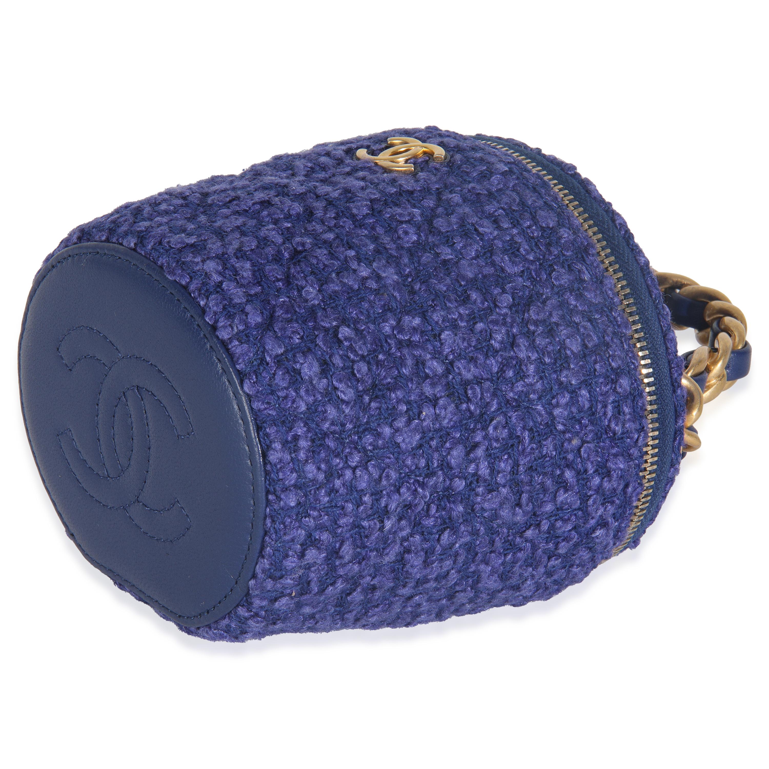 Chanel Blue Quilted Tweed Afternoon Tea Top Handle Vanity Case With Chain Pour femmes en vente