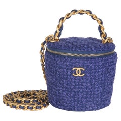 Chanel Blue Quilted Tweed Afternoon Tea Top Handle Vanity Case With Chain