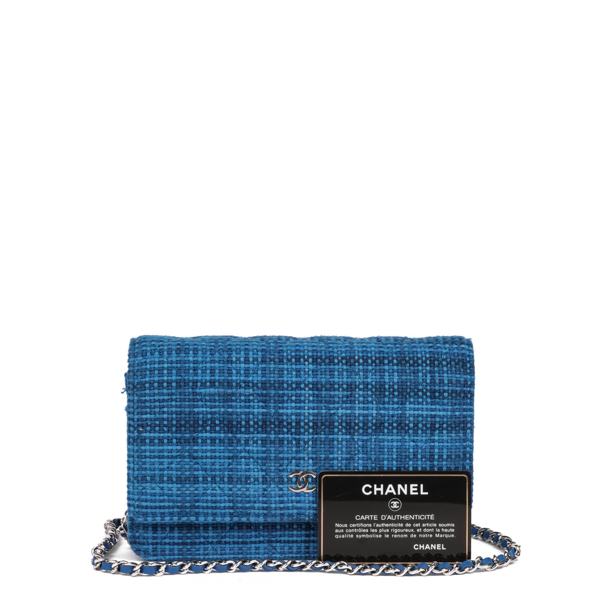 CHANEL Blue Quilted Tweed Fabric Wallet-on-Chain WOC 7