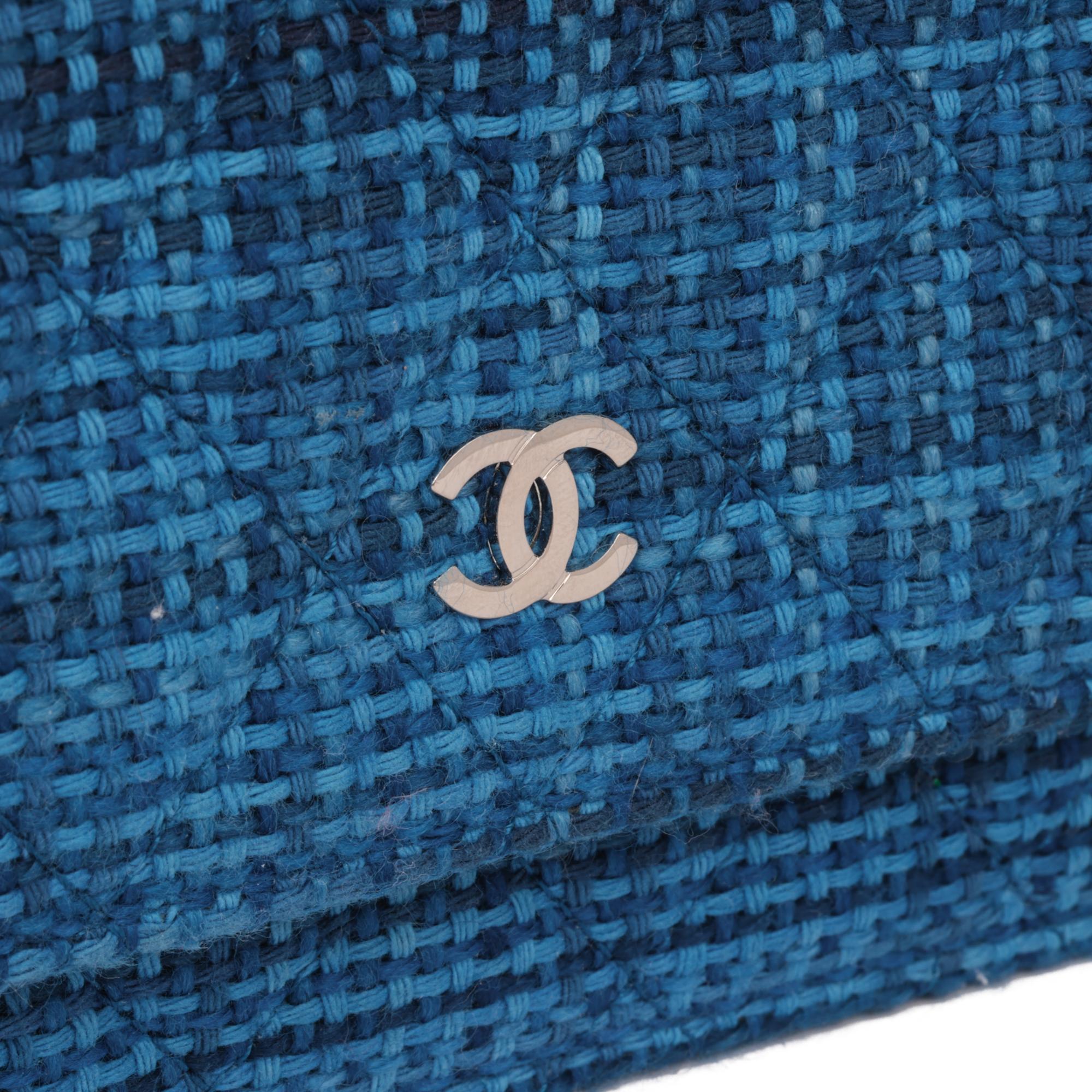 CHANEL Blue Quilted Tweed Fabric Wallet-on-Chain WOC 2