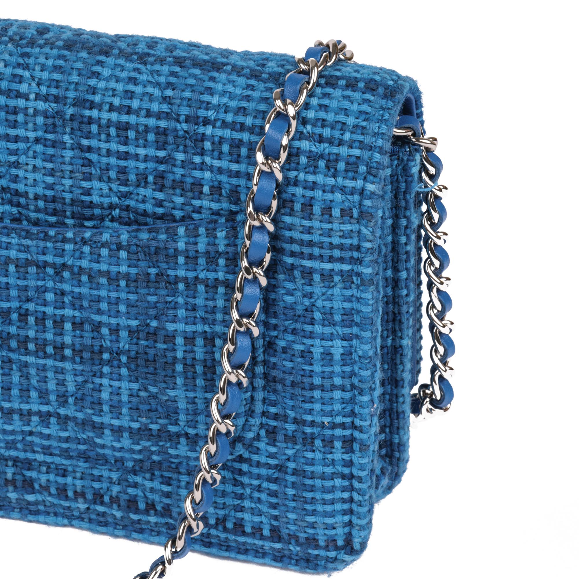 CHANEL Blue Quilted Tweed Fabric Wallet-on-Chain WOC 3