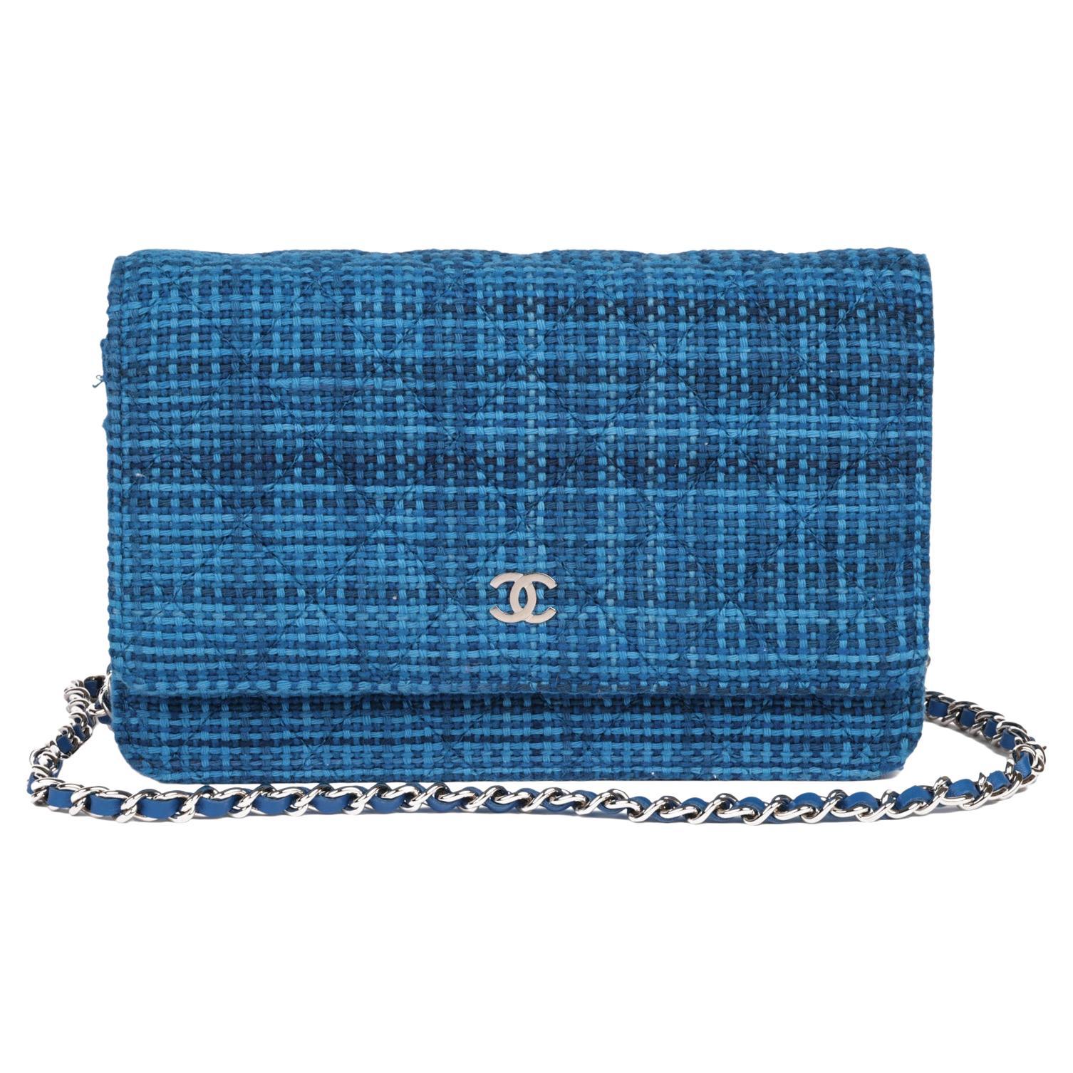 CHANEL Blue Quilted Tweed Fabric Wallet-on-Chain WOC
