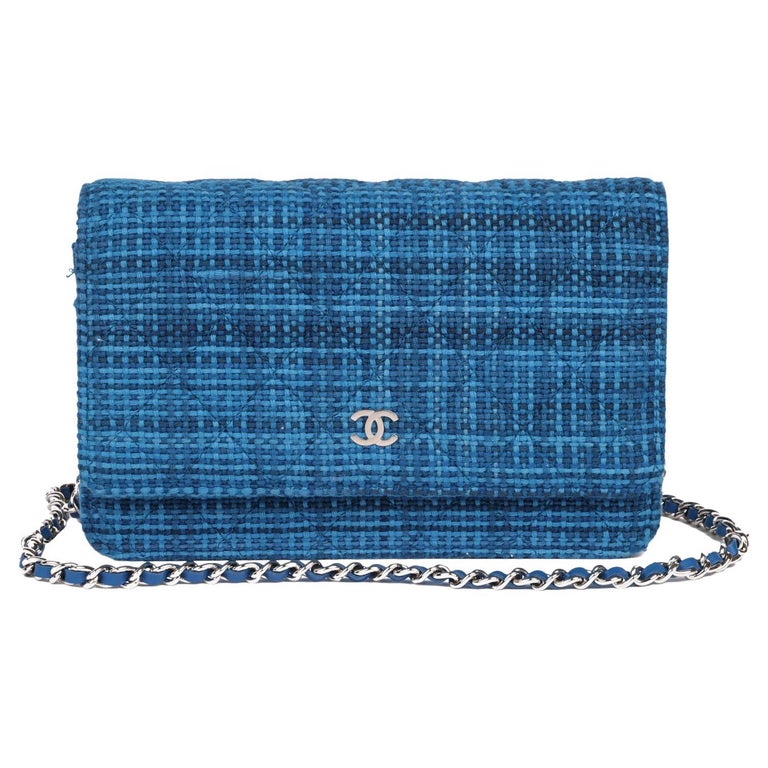 CHANEL Blue Quilted Tweed Fabric Wallet-on-Chain WOC at 1stDibs