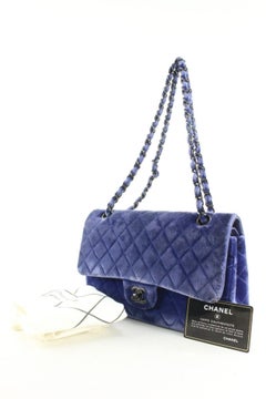 Chanel Blue Quilted Velour Medium Classic Flap Velvet 2CC0406