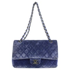 Chanel Blue Quilted Velour Medium Classic Flap Velvet 2CC0406