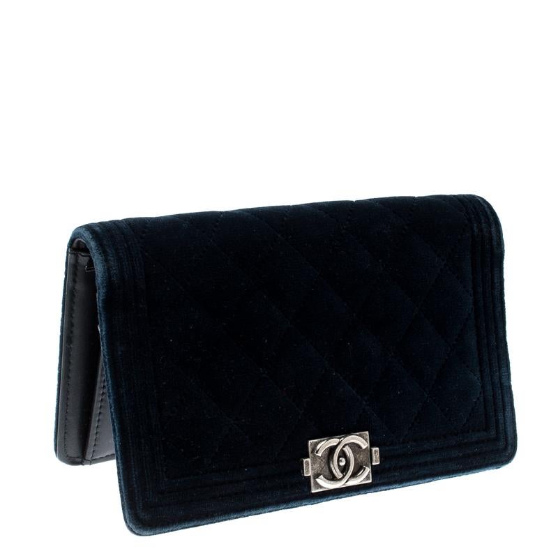 Black Chanel Blue Quilted Velvet Boy Long Flap Wallet