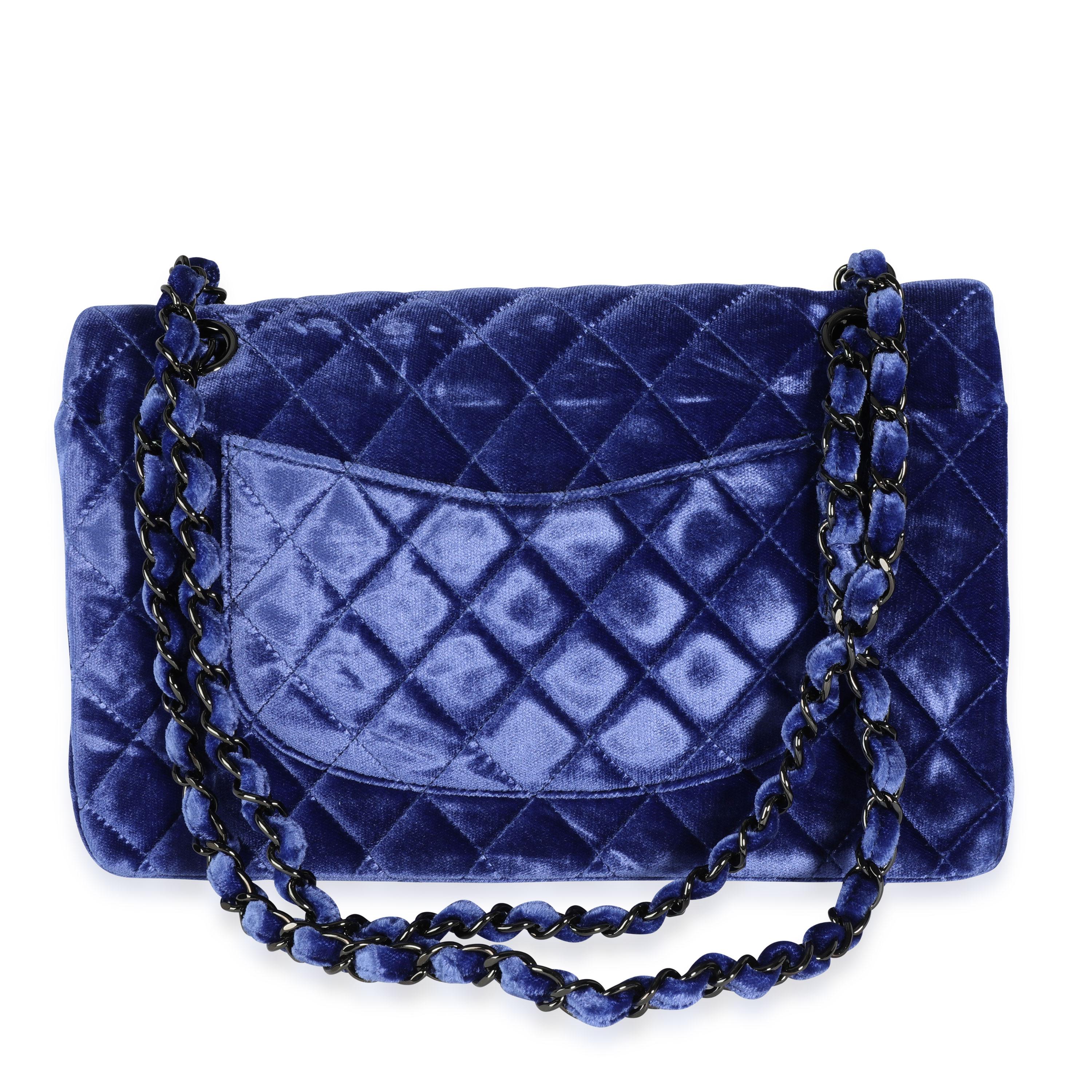 Chanel Blue Quilted Velvet Medium Classic Double Flap Bag In Excellent Condition In New York, NY