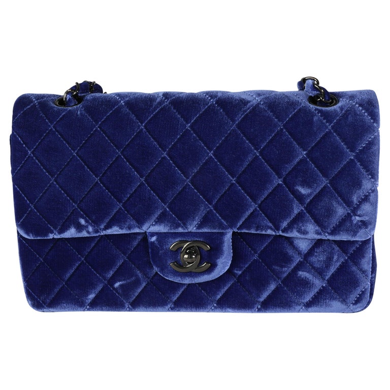 Chanel Vintage Blue Tweed Medium Classic Double Flap Bag 24k GHW