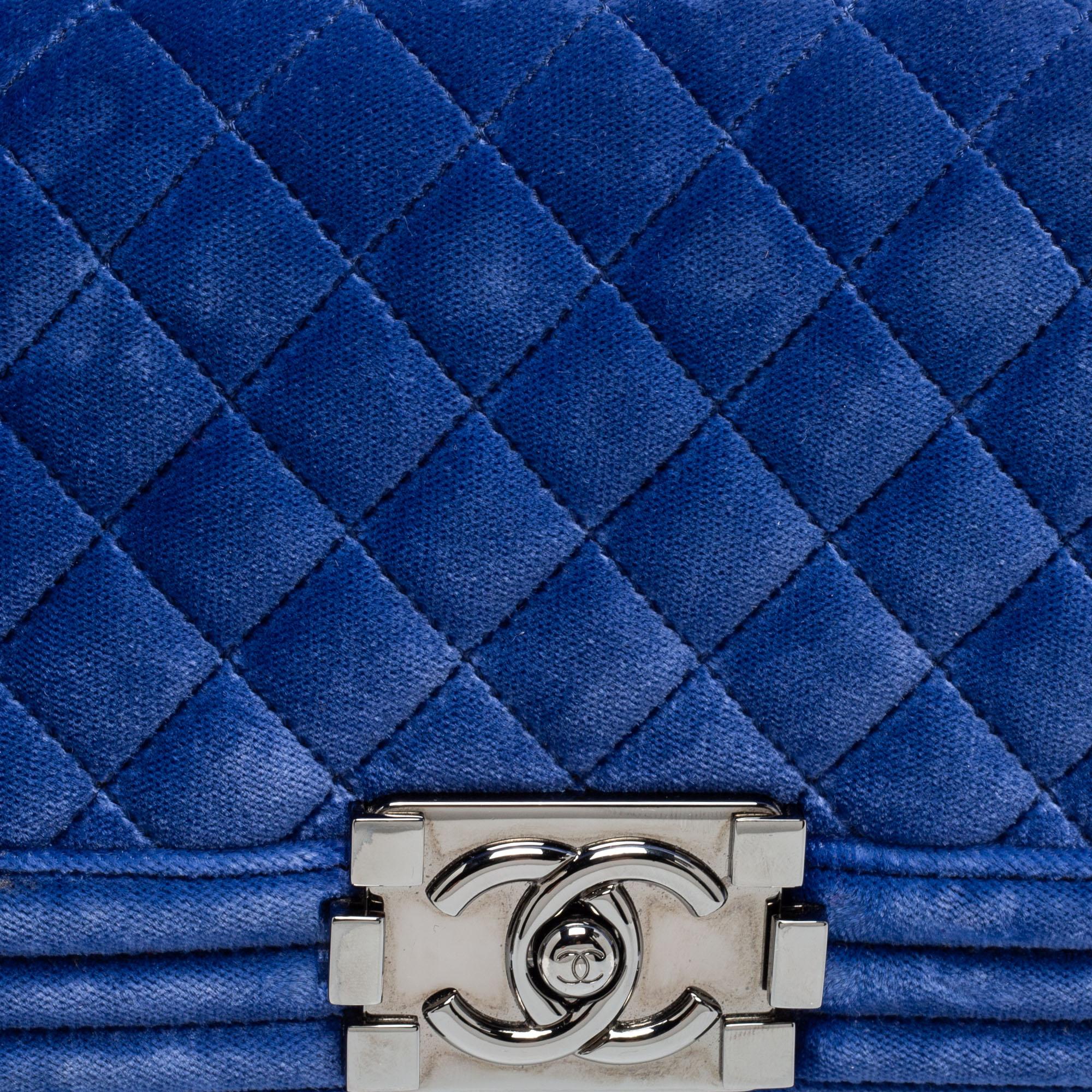 Chanel Blue Quilted Velvet Small Boy Flap Bag 6