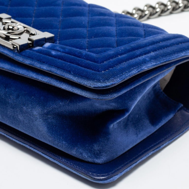 Chanel Blue Quilted Velvet Small Boy Flap Bag For Sale at 1stDibs