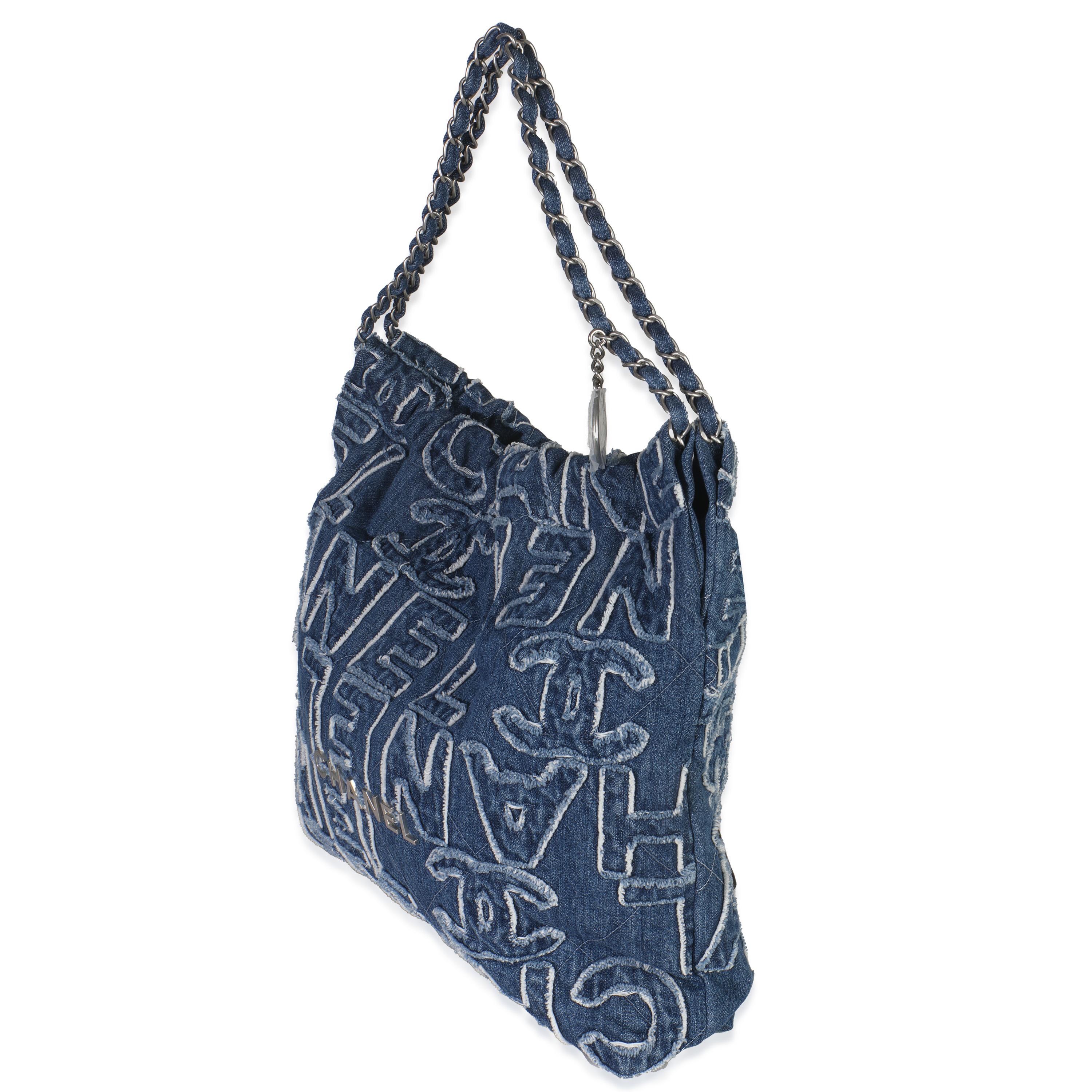 Bleu Chanel Blue Quilted Washed Denim Logo Embroidered Medium Chanel 22 Hobo en vente