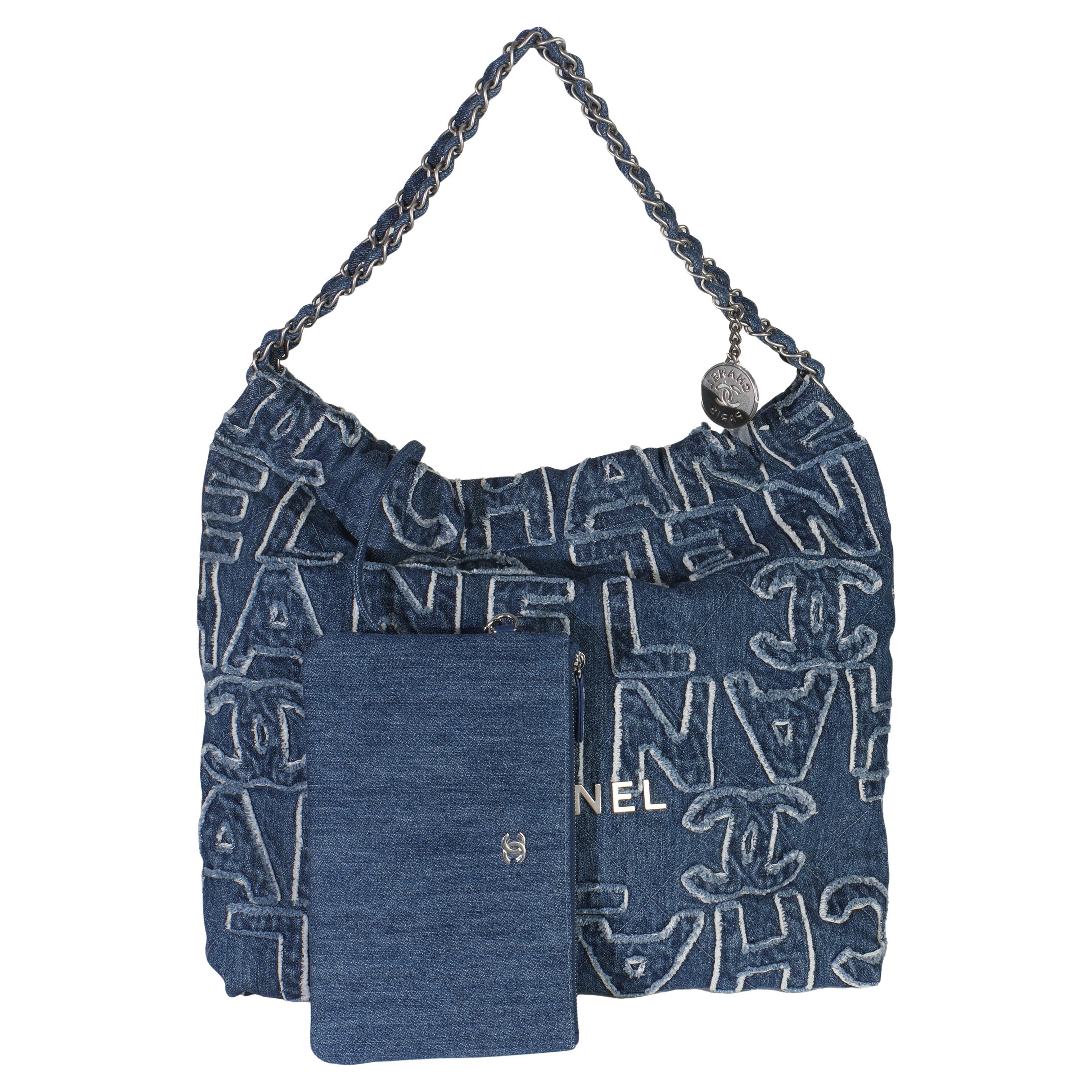 Chanel Blue Quilted Washed Denim Logo Embroidered Medium Chanel 22 Hobo