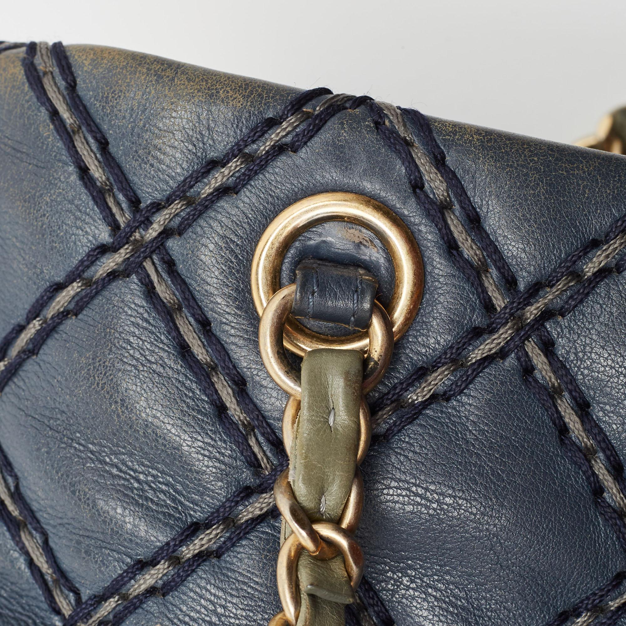 Chanel Blue Quilted Wild Stitched Leather Chain Tote For Sale 7