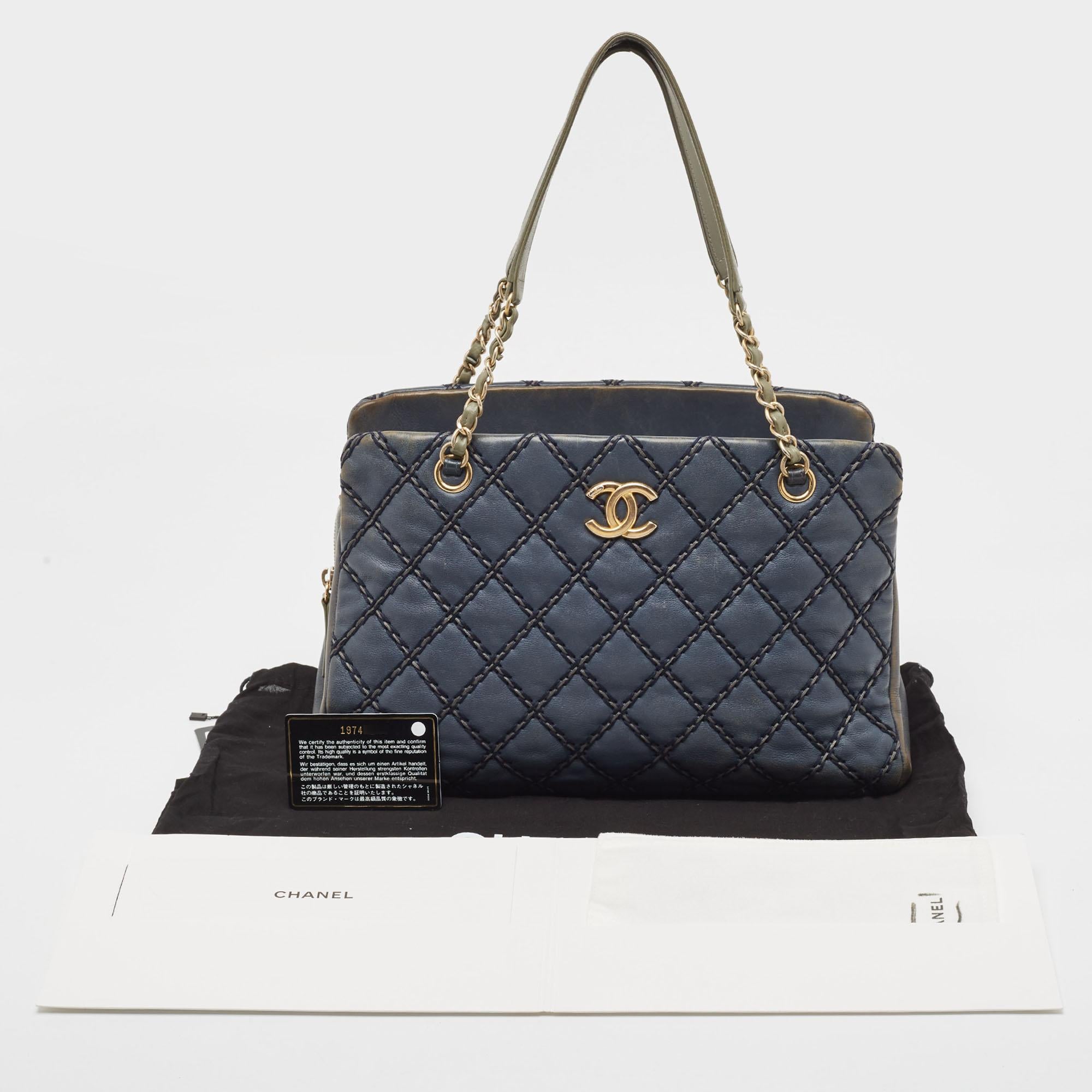 Chanel Blue Quilted Wild Stitched Leather Chain Tote For Sale 15