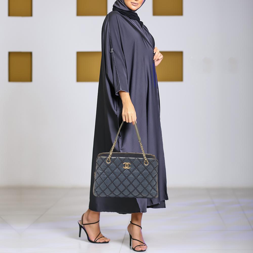 Chanel Blue Quilted Wild Stitched Leather Chain Tote In Fair Condition For Sale In Dubai, Al Qouz 2