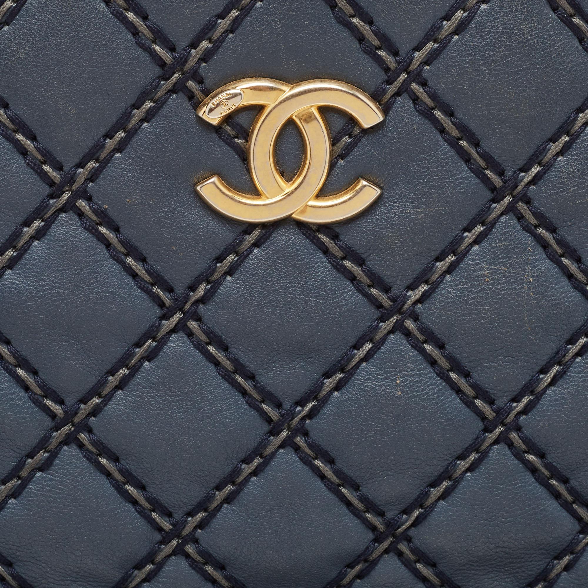 Chanel Blue Quilted Wild Stitched Leather Chain Tote For Sale 4