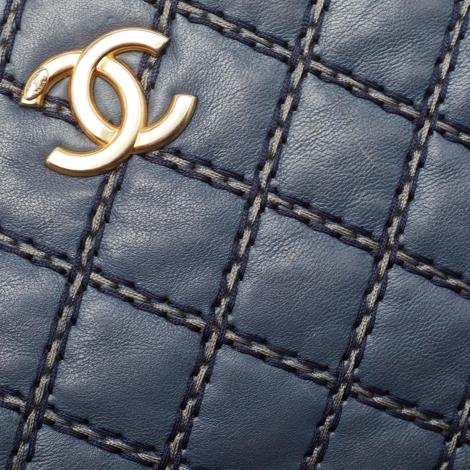 Chanel Blue Quilted Wild Stitched Leather Chain Tote For Sale 5