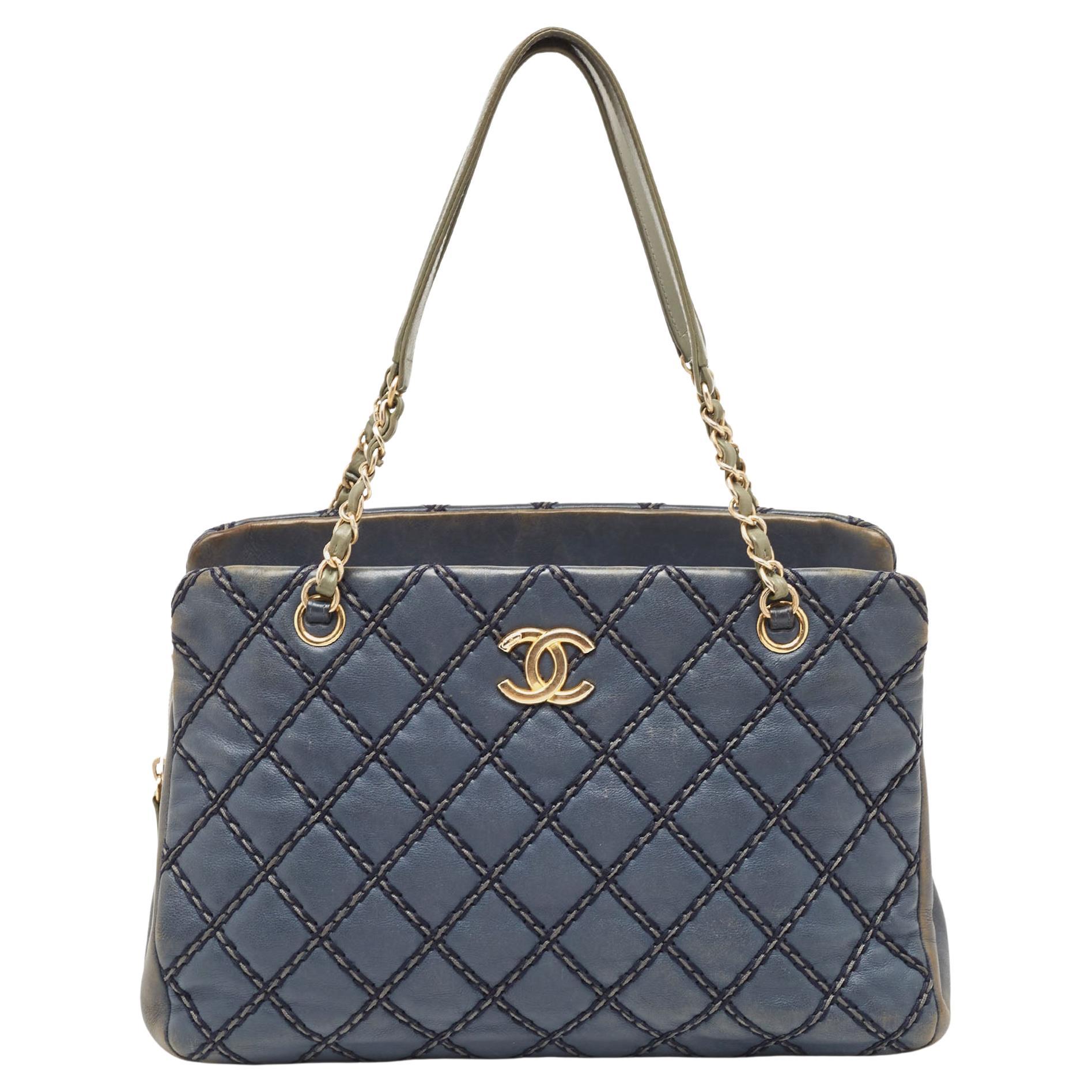 Chanel Blue Quilted Wild Stitched Leather Chain Tote For Sale