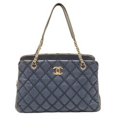 Chanel Blue Quilted Wild Stitched Leather Chain Tote