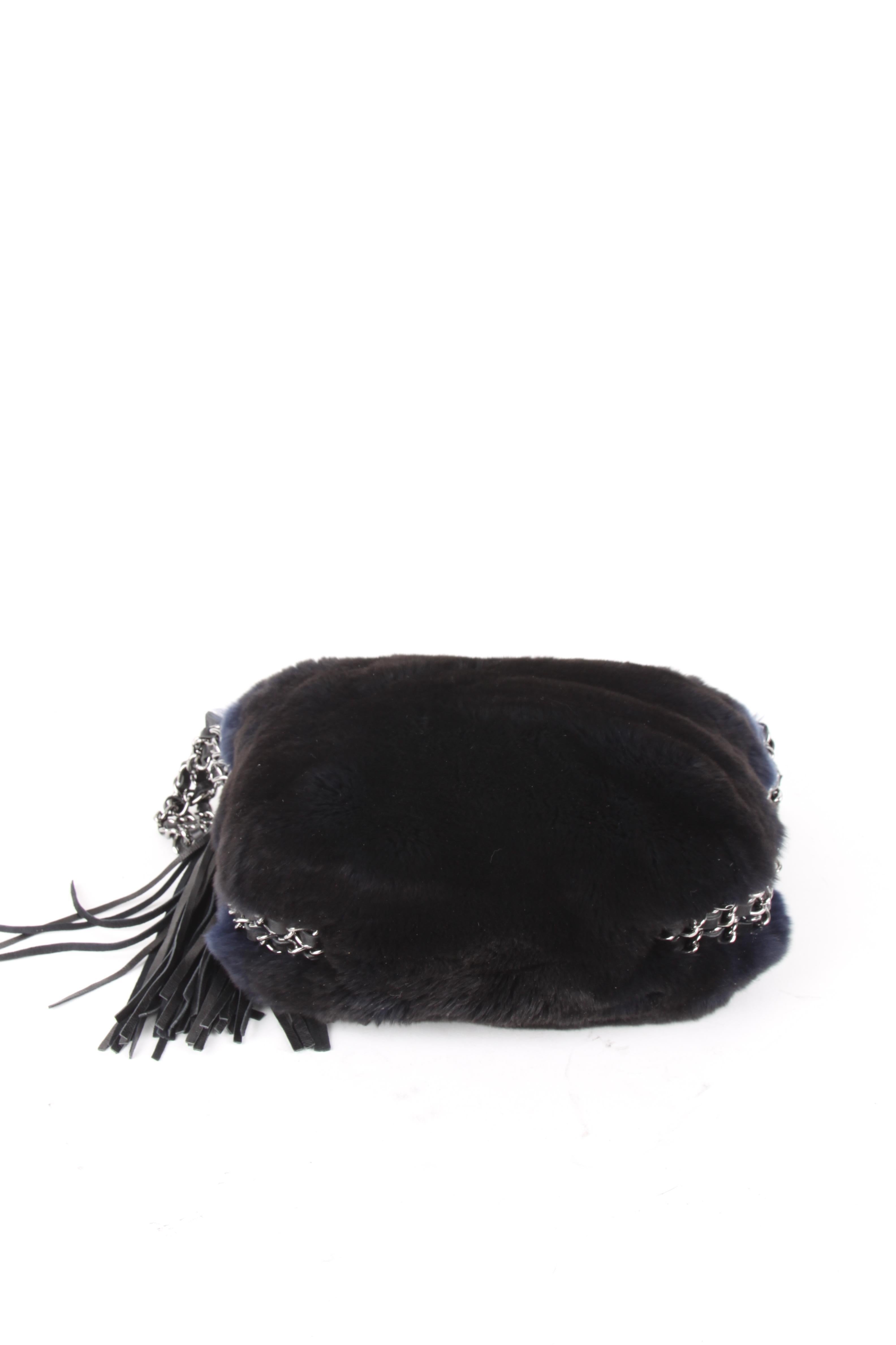 Chanel Blue Rabbit Fur Leather Three Chain Shoulder Handbag For Sale 5