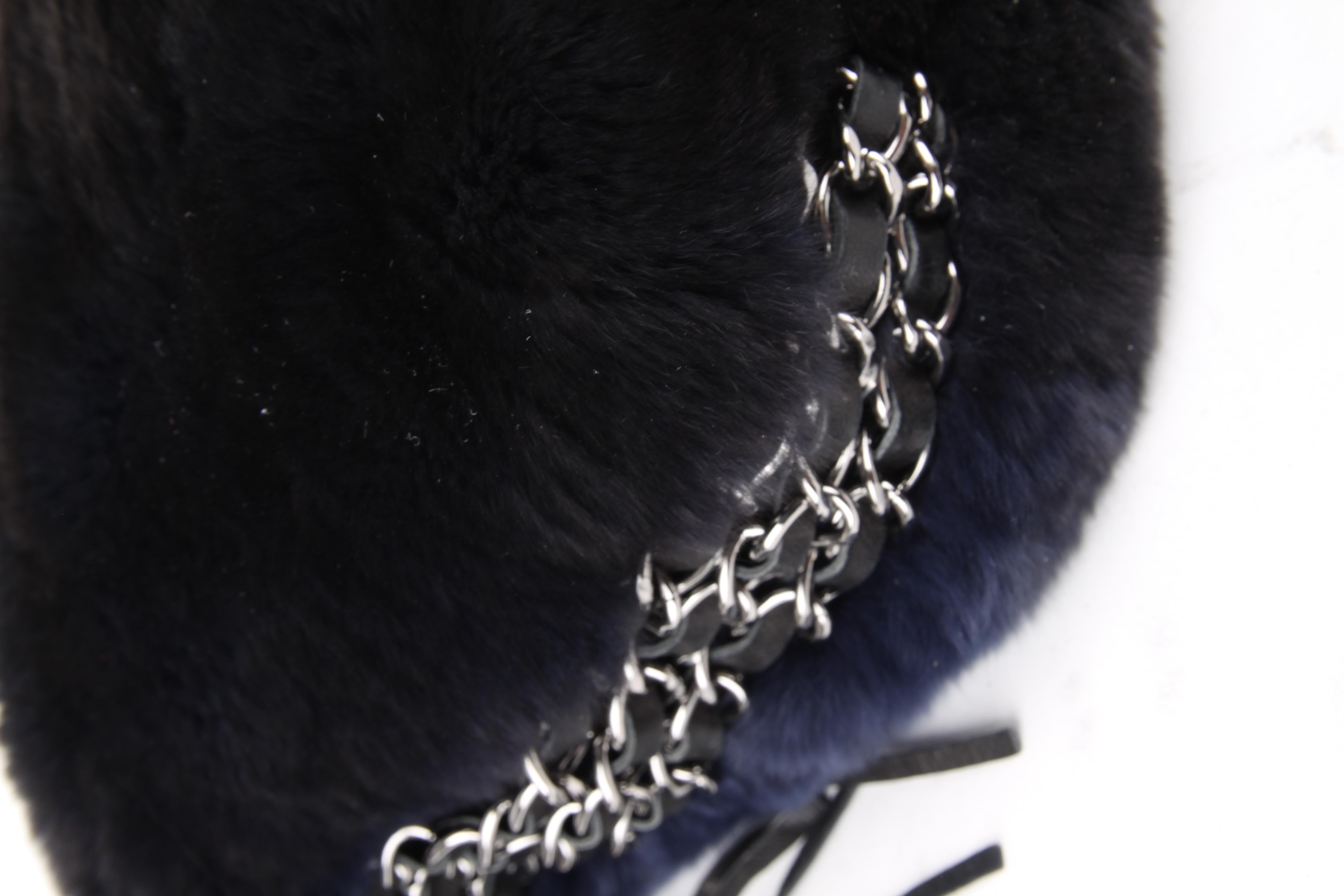 Chanel Blue Rabbit Fur Leather Three Chain Shoulder Handbag For Sale 6