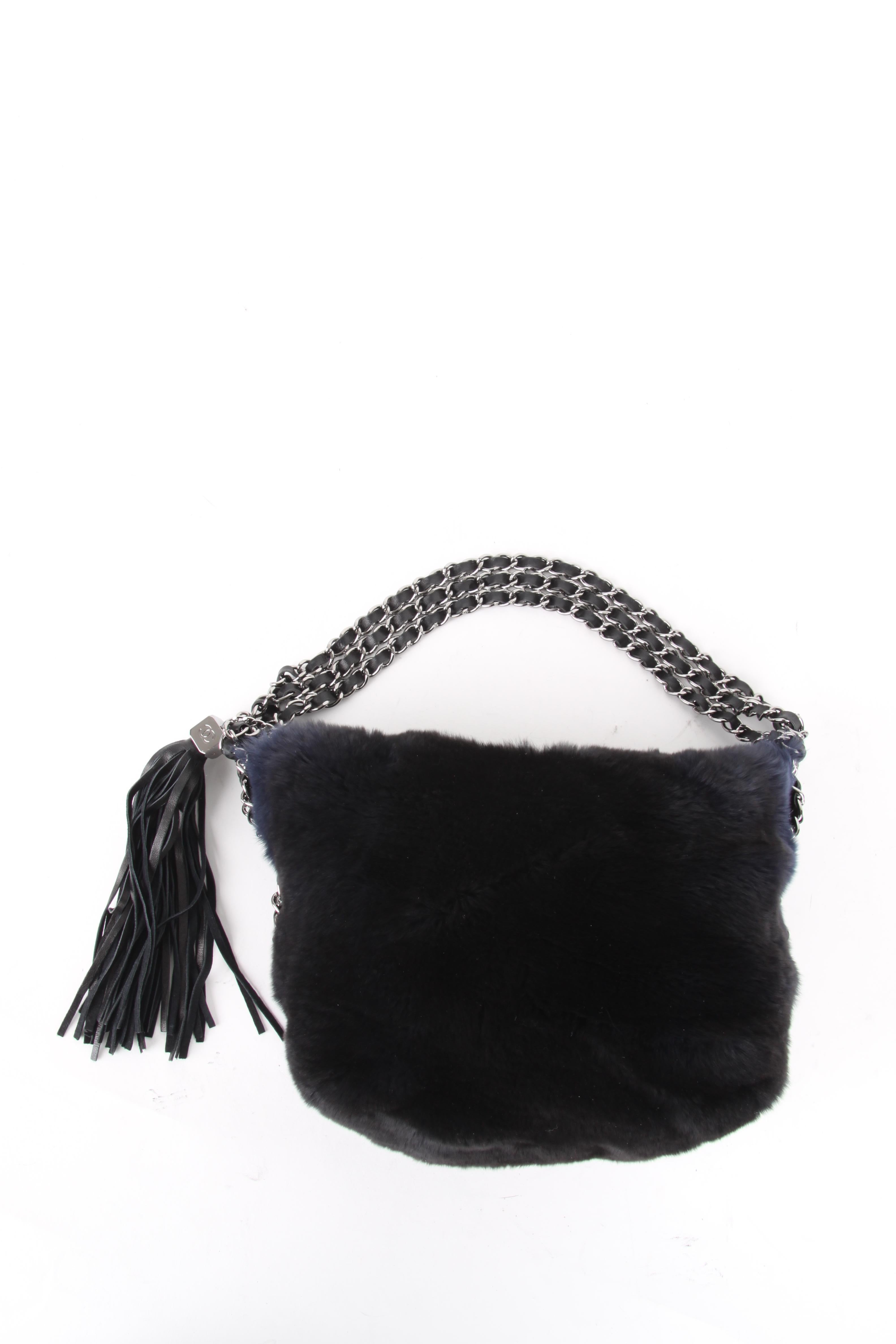 Chanel Blue Rabbit Fur Leather Three Chain Shoulder Handbag For Sale 8