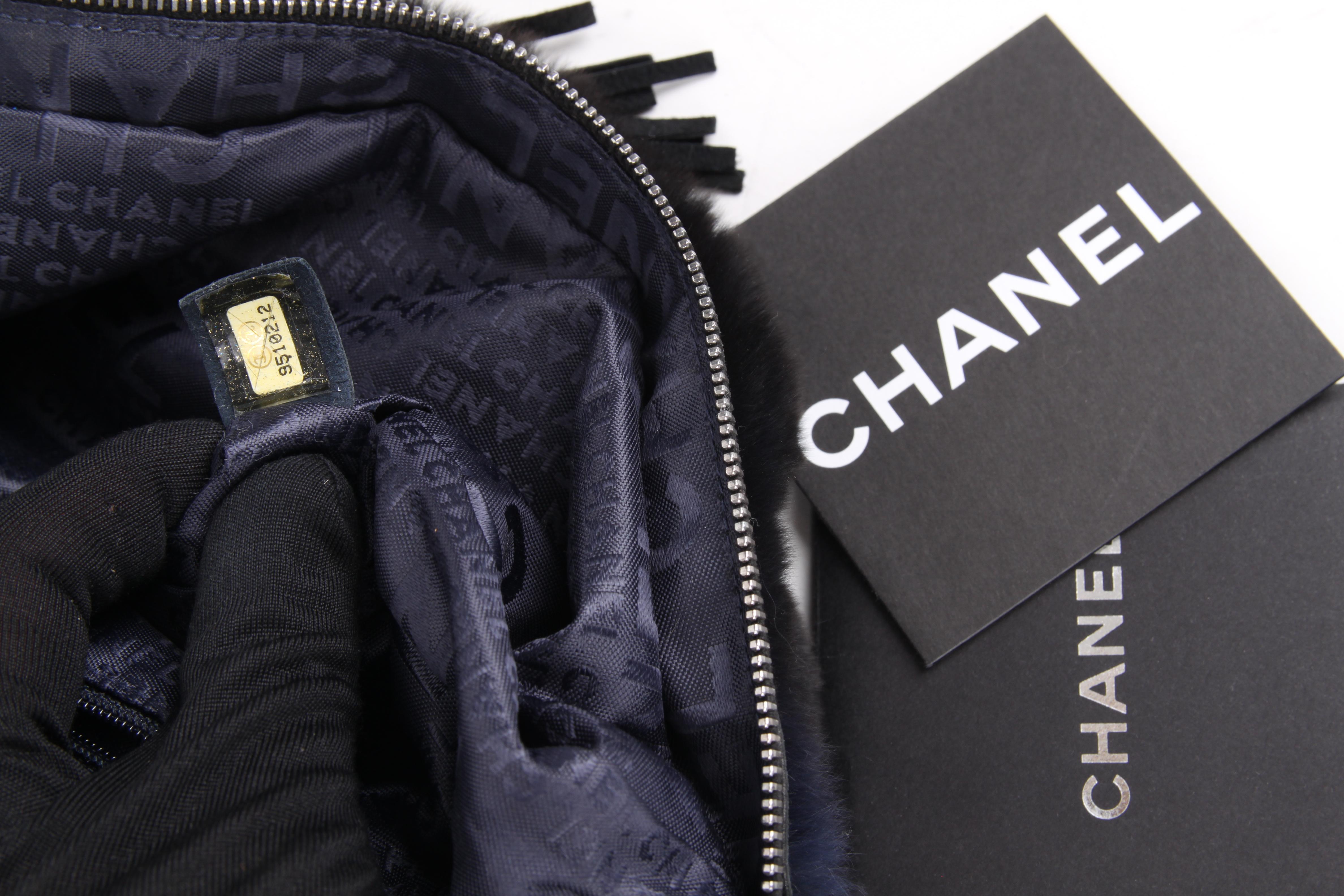 Black Chanel Blue Rabbit Fur Leather Three Chain Shoulder Handbag For Sale