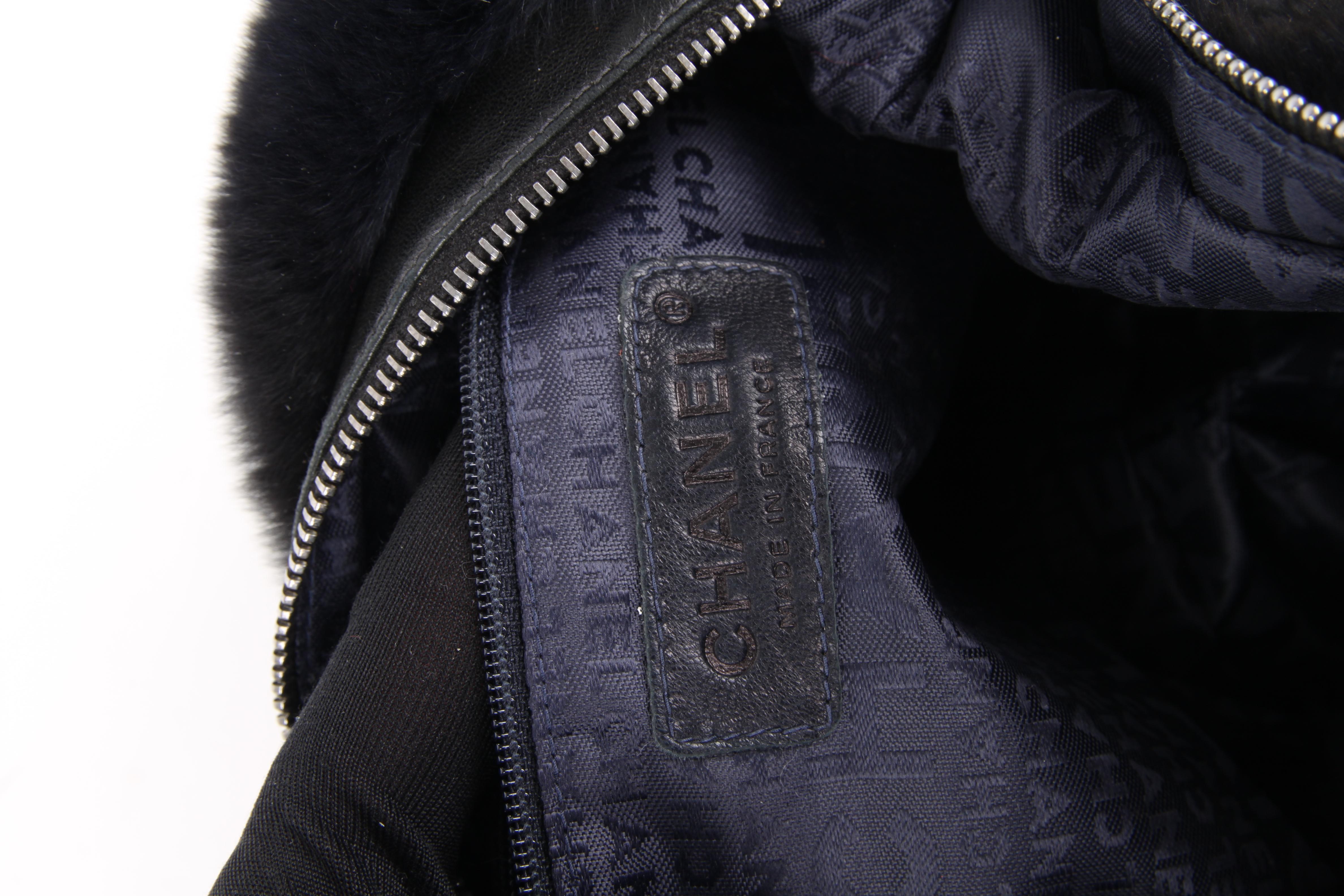 Women's or Men's Chanel Blue Rabbit Fur Leather Three Chain Shoulder Handbag For Sale
