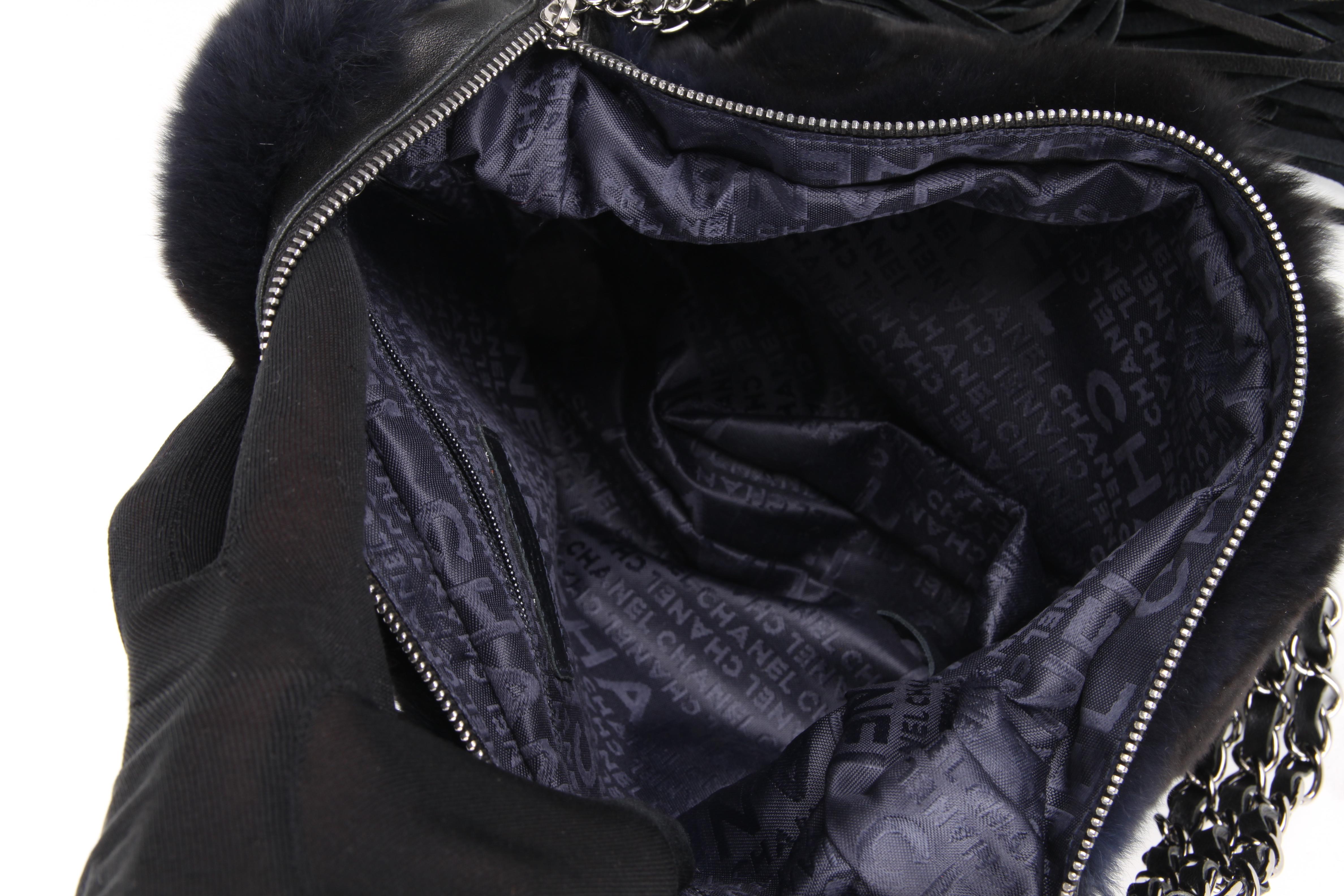 Chanel Blue Rabbit Fur Leather Three Chain Shoulder Handbag For Sale 2