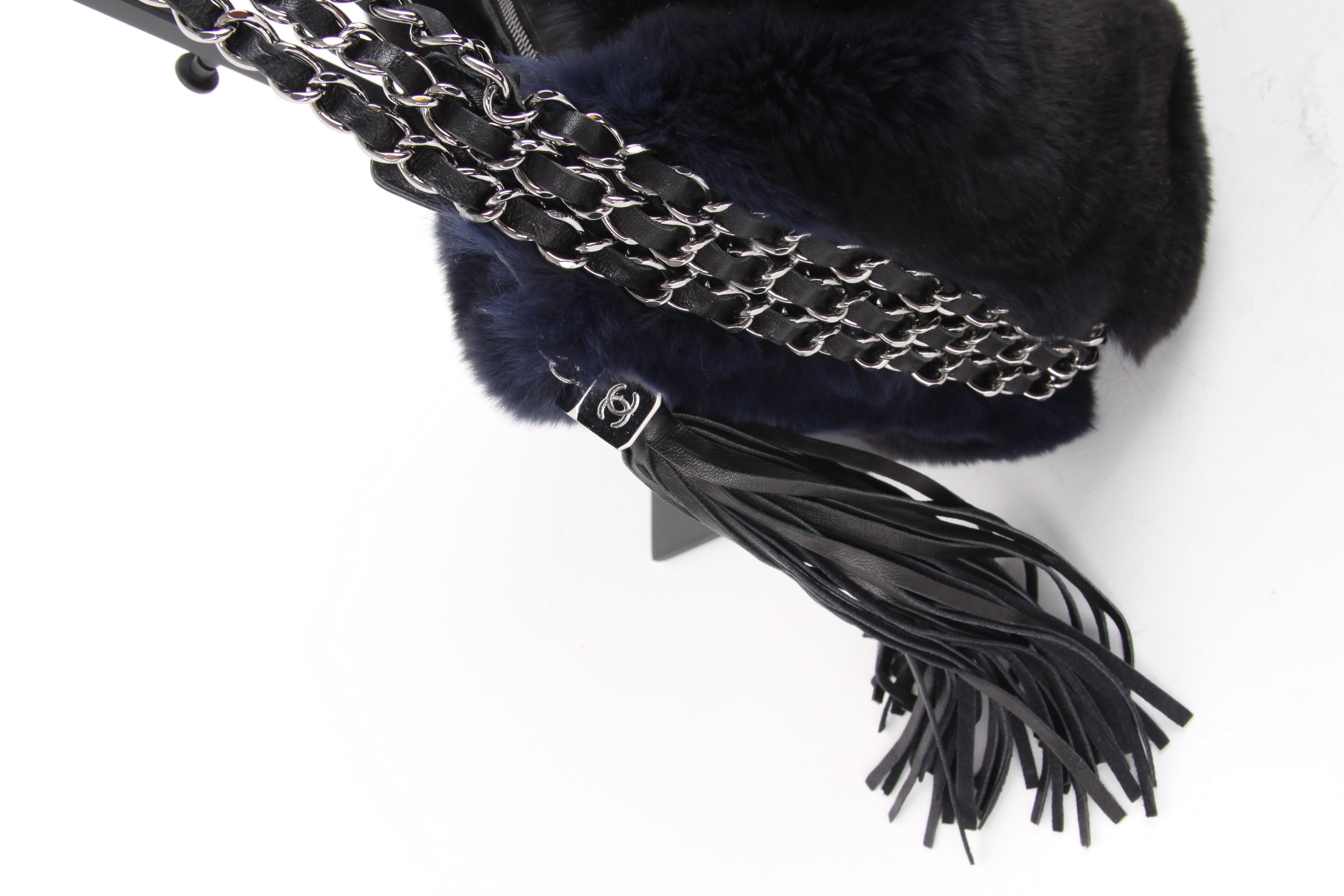 Chanel Blue Rabbit Fur Leather Three Chain Shoulder Handbag For Sale 3