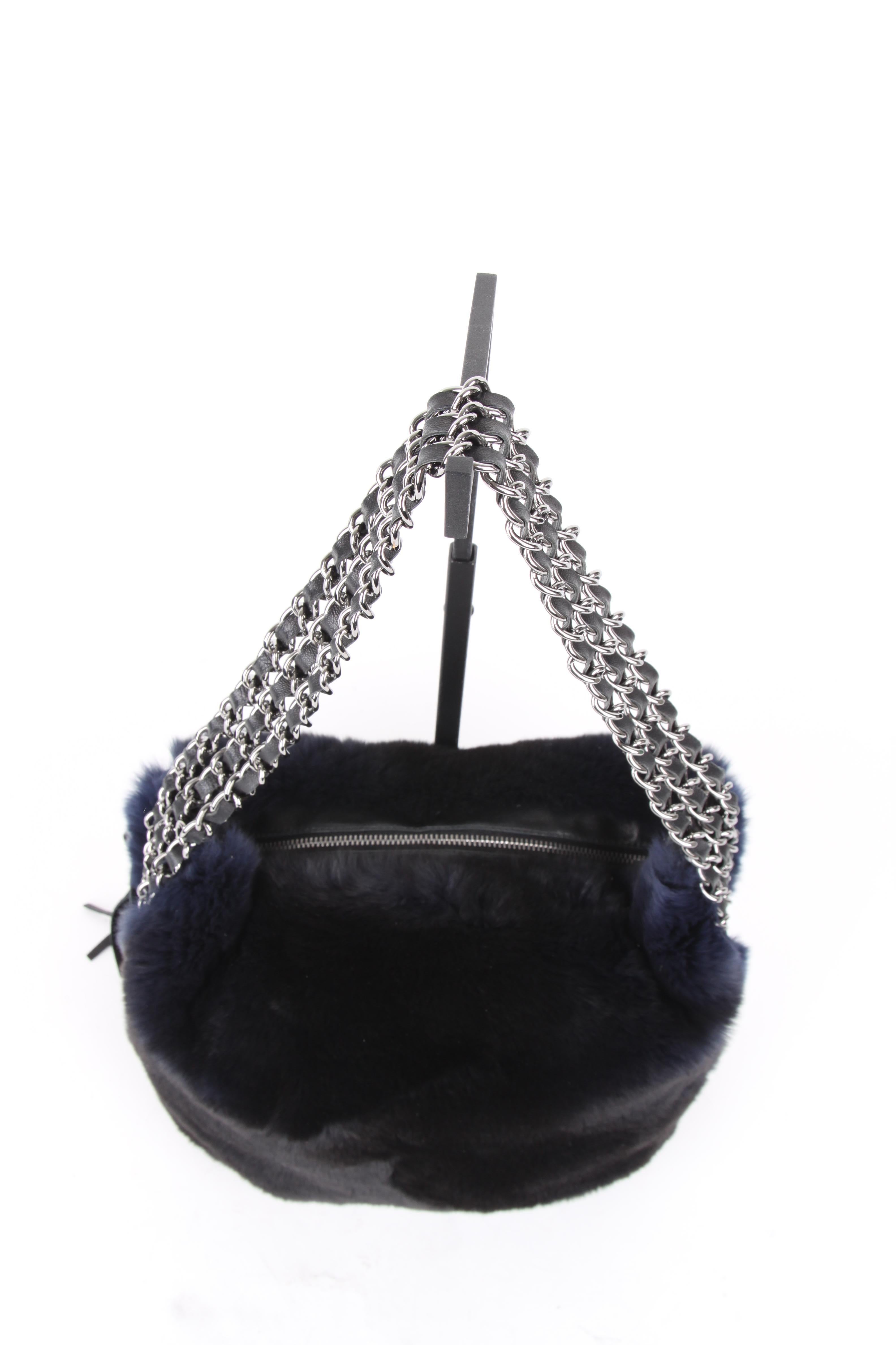 Chanel Blue Rabbit Fur Leather Three Chain Shoulder Handbag For Sale 4