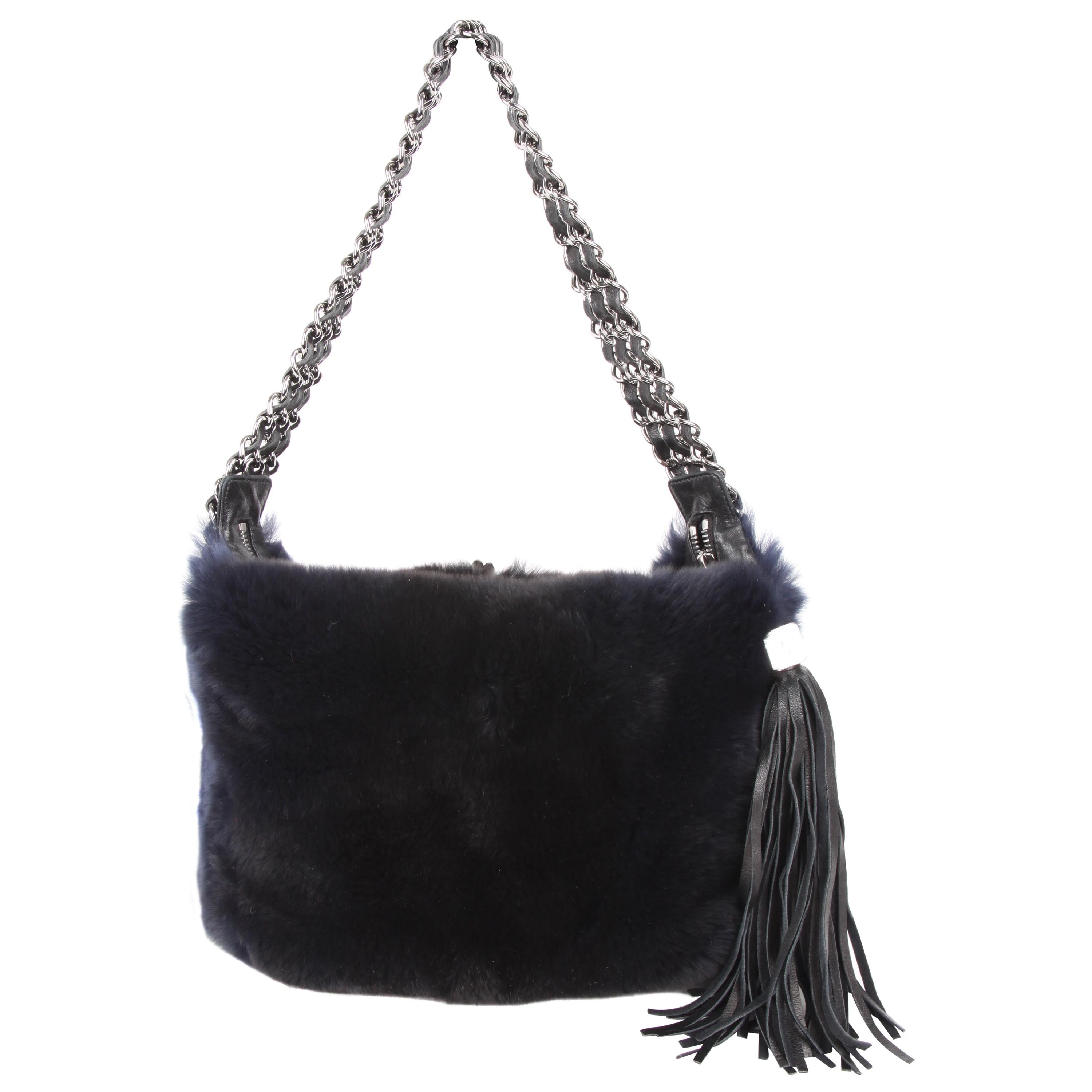 Chanel Blue Rabbit Fur Leather Three Chain Shoulder Handbag For Sale