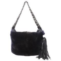 Chanel Blue Rabbit Fur Leather Three Chain Shoulder Handbag