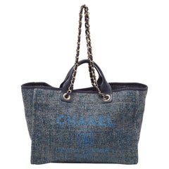 Used Chanel Blue Raffia and Leather Medium Deauville Tote