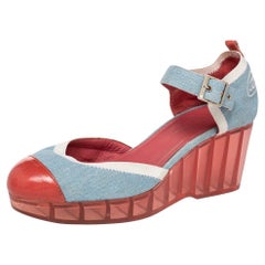 Chanel Blue/Red Denim And Paten Leather CC Wedge Ankle Strap Sandals Size 40