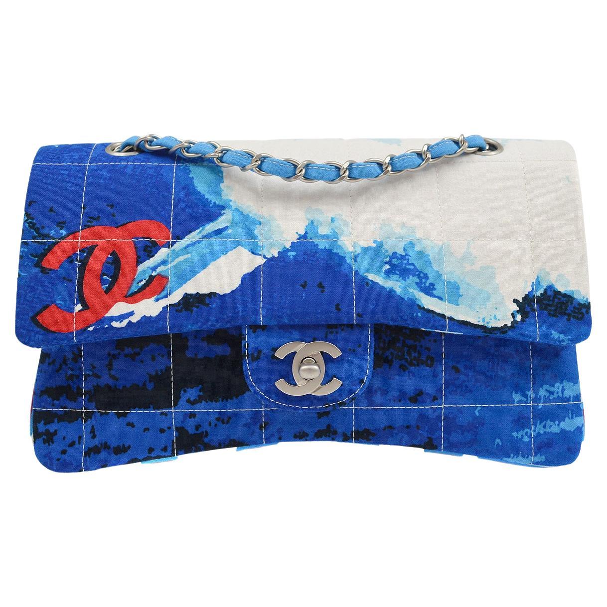 CHANEL Blue Red White Water Wave Silver Hardware Medium Shoulder Flap Bag