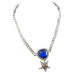 Chanel Blue Rhinestone Crystal Star Pendant Ruthenium Chain Necklace