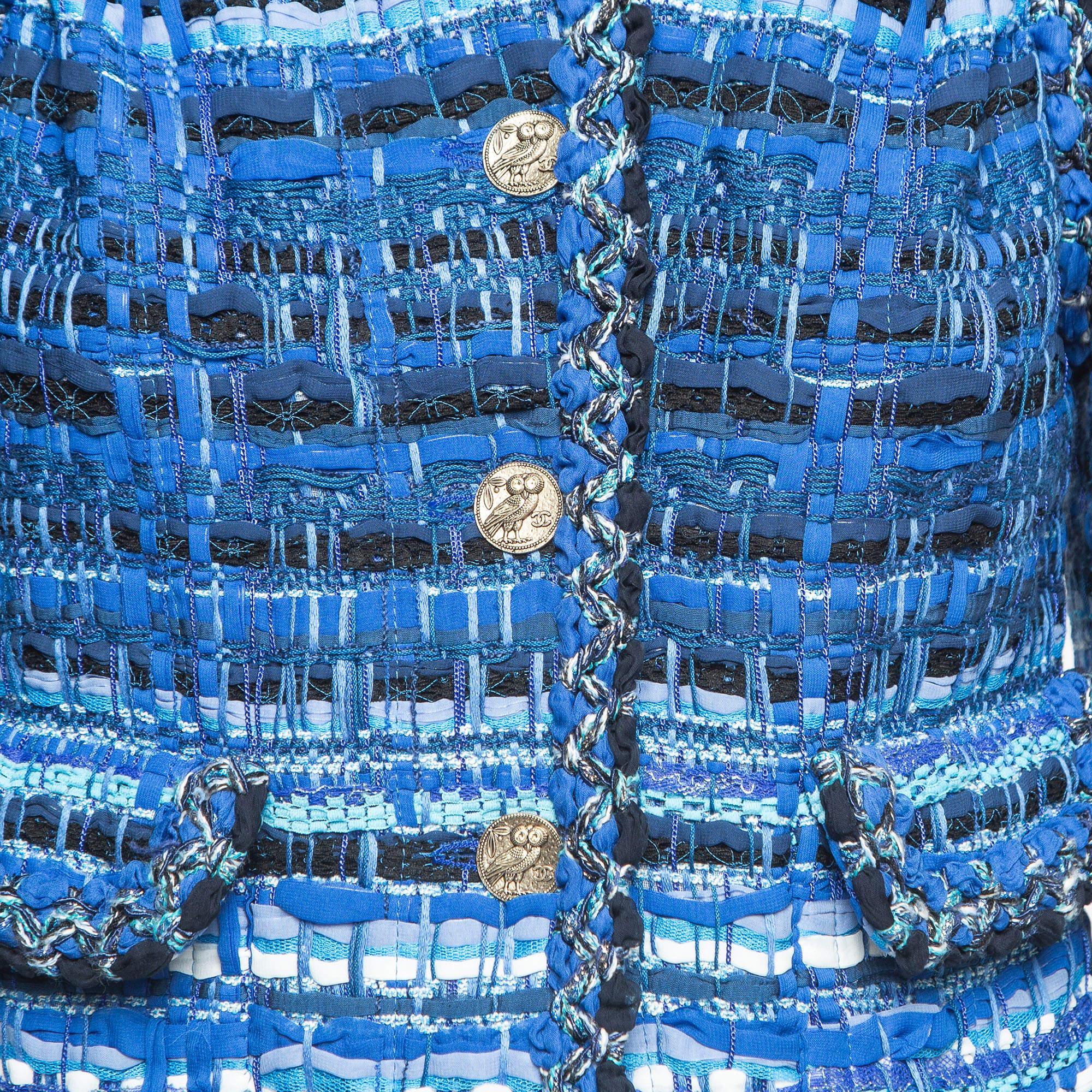 Chanel Blue Ribbon & Tweed Owl Button Jacket M In Excellent Condition In Dubai, Al Qouz 2