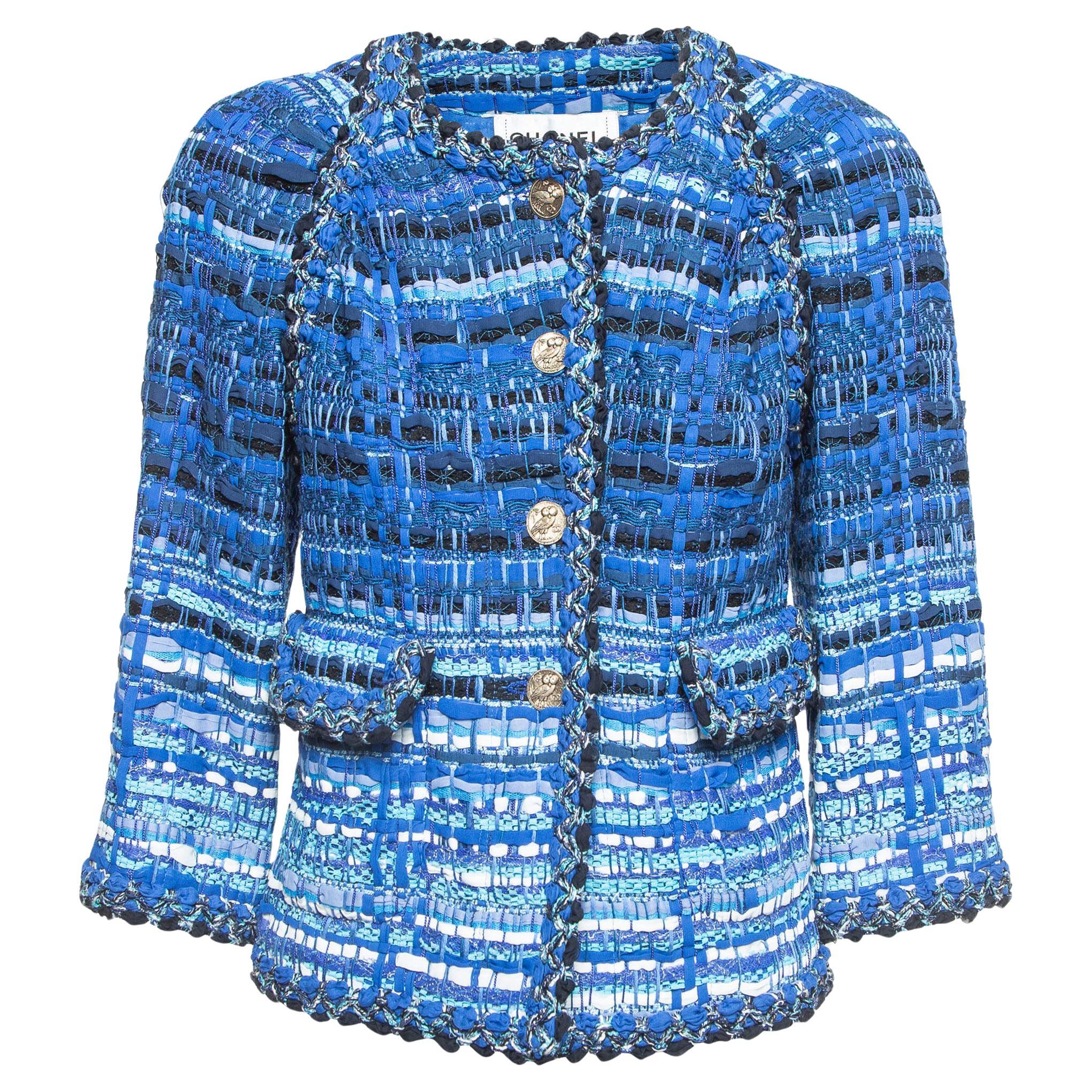 Chanel Blue Ribbon & Tweed Owl Button Jacket M For Sale