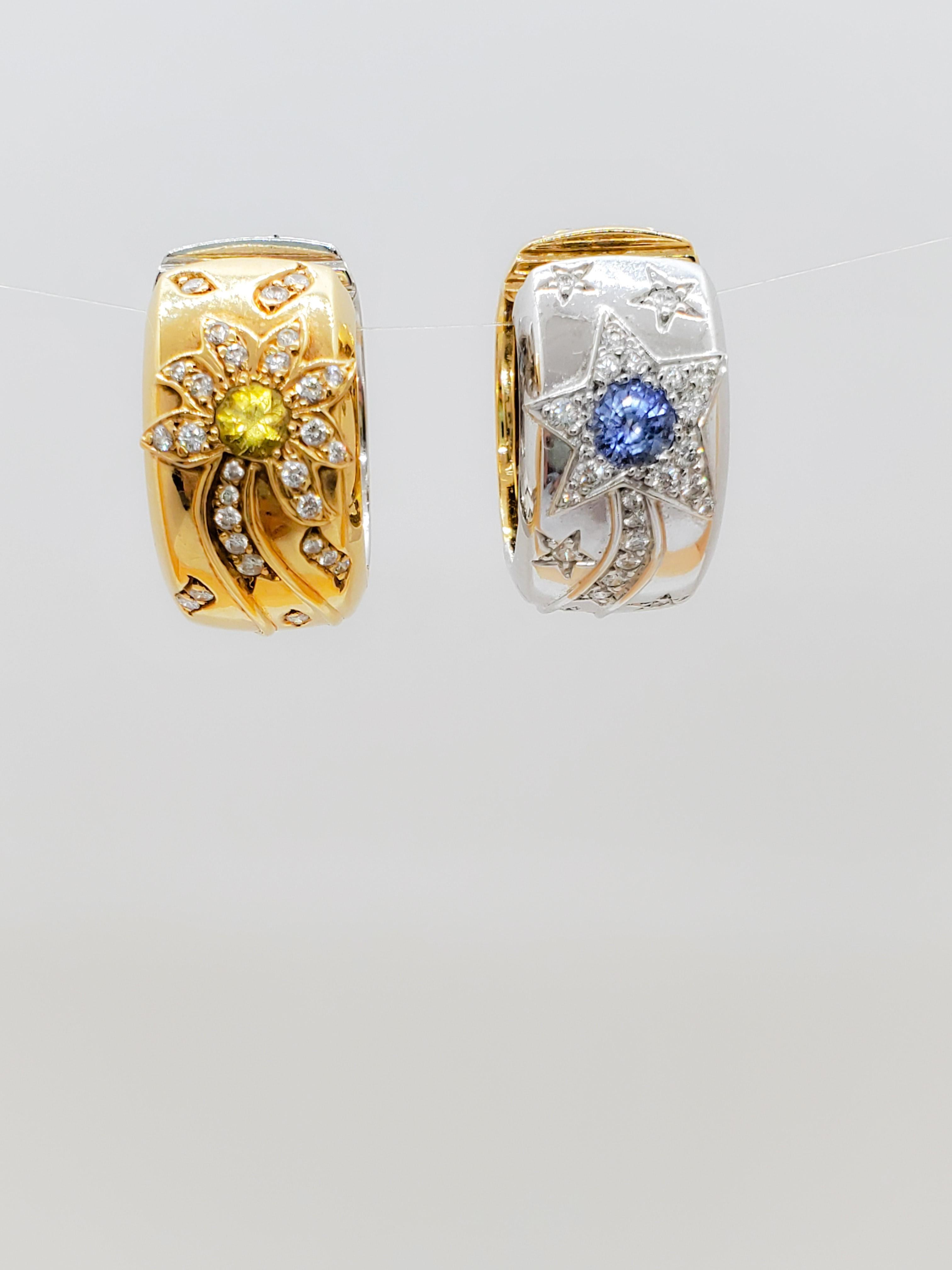 Women's or Men's Chanel Blue Sapphire, Yellow Sapphire, and Diamond Day and Night Earrings in 18k