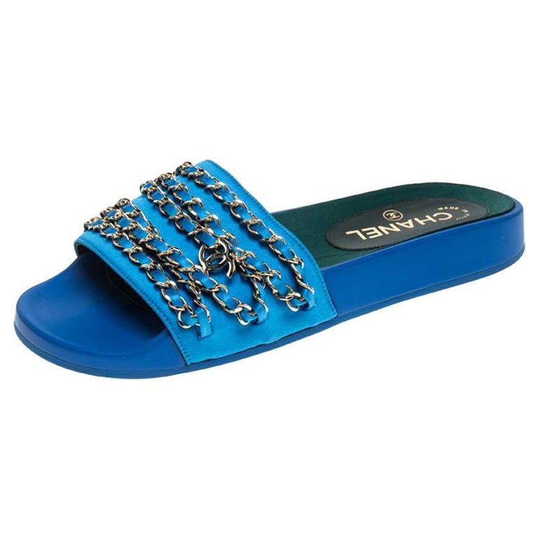 Chanel Blue Satin 17c Bright CC Gold Chain Slide Sandals Size 38 For ...